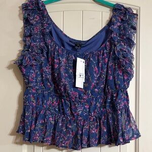 French Connection Blue and Pink Floral Ruffle Blouse Size XL NWT